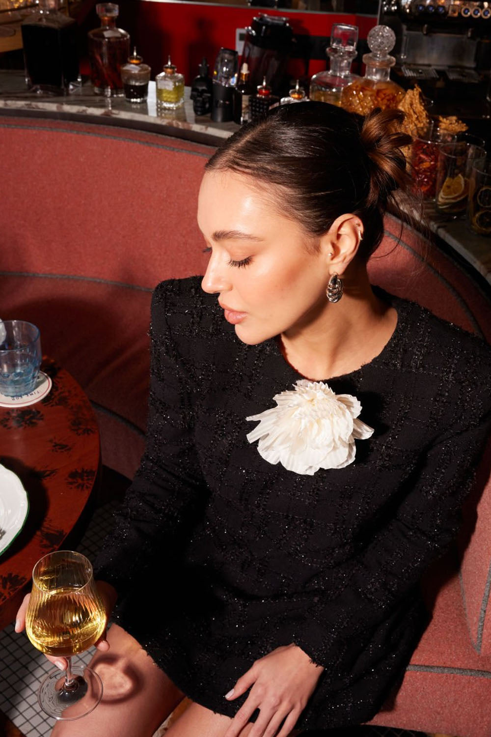 Black dress with white rose detail